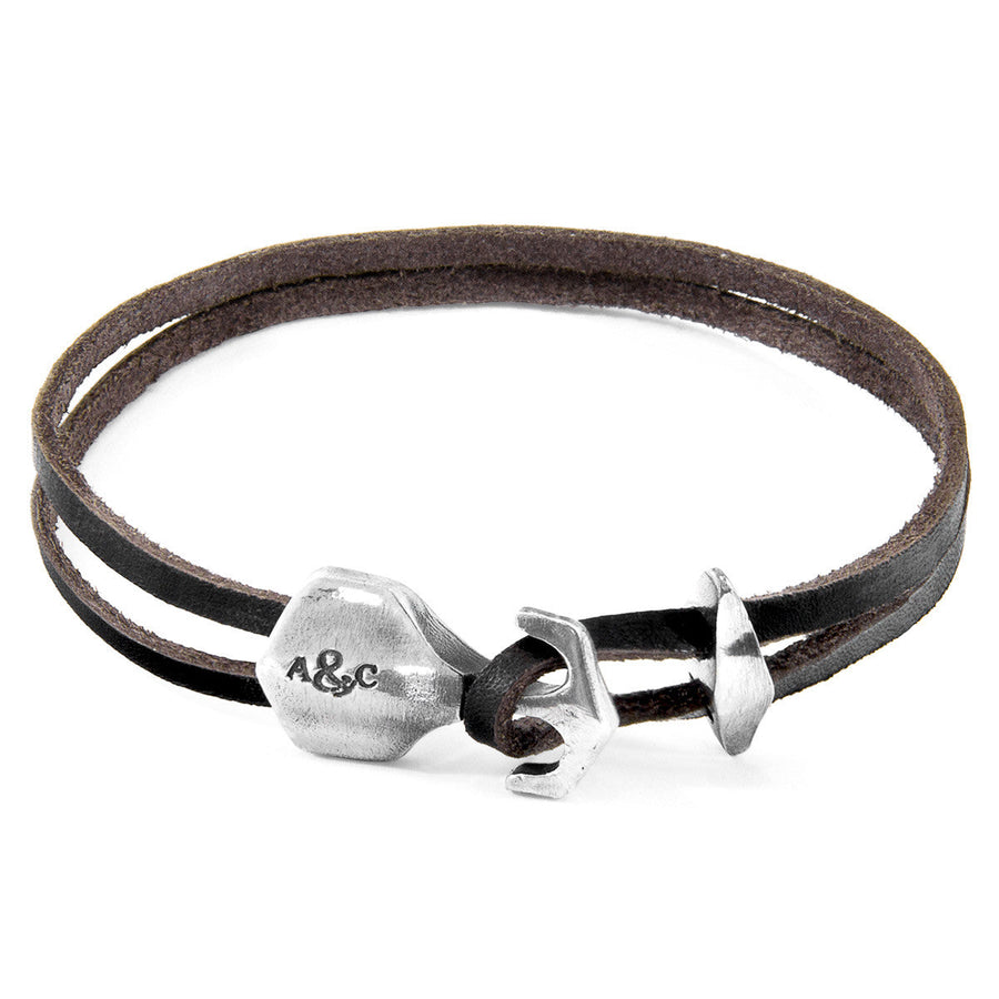 Dark Brown Delta Anchor Silver and Flat Leather Bracelet