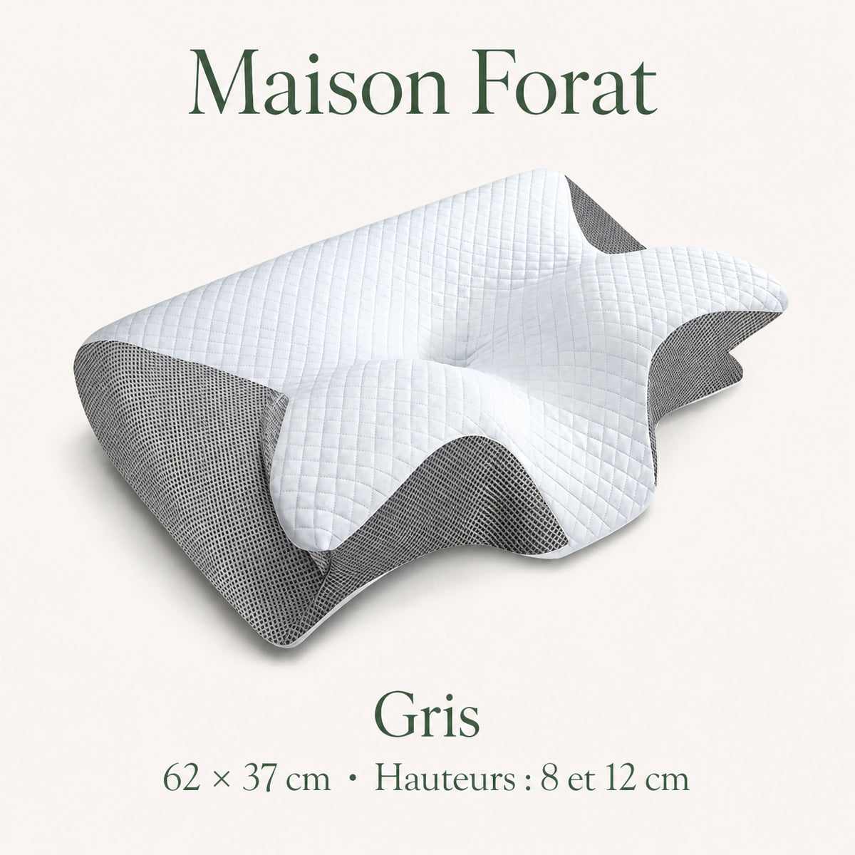 Oreiller papillon gris Maison Forat — 62 × 37 cm, hauteurs 8 et 12 cm