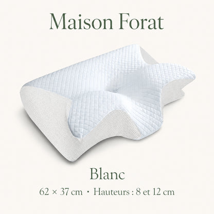 Oreiller papillon blanc — 62 × 37 cm, hauteurs 8 et 12 cm