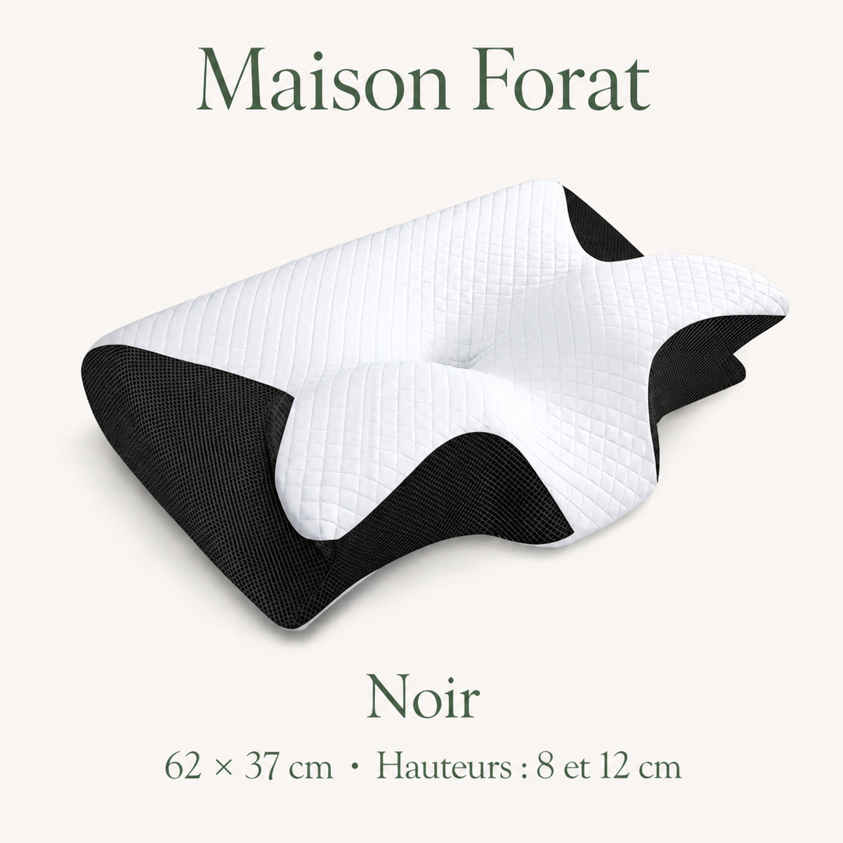 Oreiller papillon noir Maison Forat — 62 × 37 cm, hauteurs 8 et 12 cm