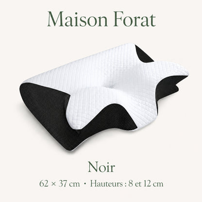 Oreiller papillon noir Maison Forat — 62 × 37 cm, hauteurs 8 et 12 cm