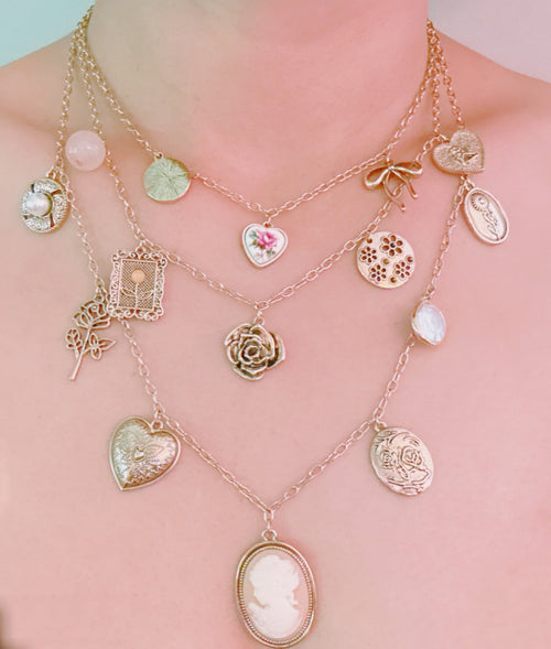 Vintage Rose Charm Layered Necklace – Romantic Multi-Strand Chain With Antique