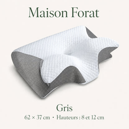 Oreiller papillon gris Maison Forat — 62 × 37 cm, hauteurs 8 et 12 cm